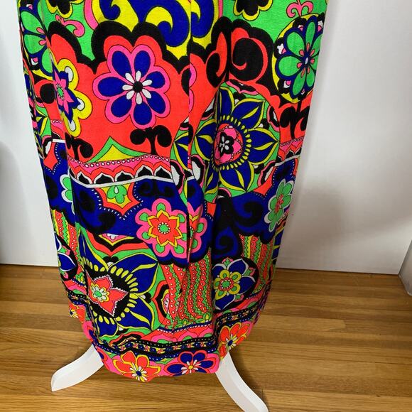 Vintage 60s 70s neon psychedelic floral print barkcloth maxi skirt SZ S / 6 - Picture 6 of 10